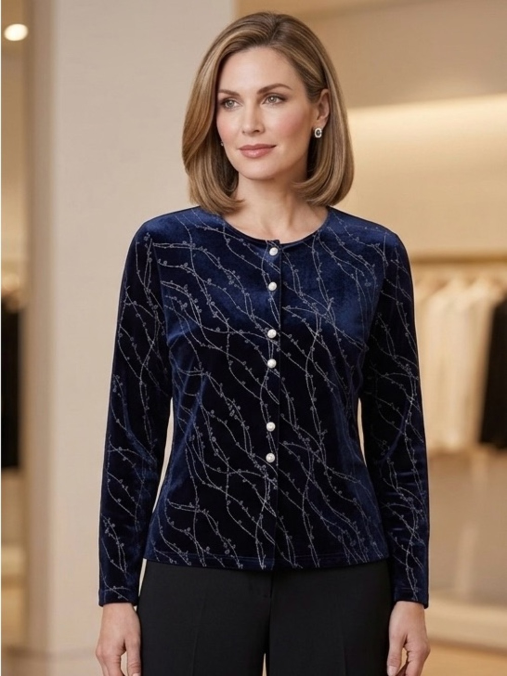 Impressions Navy Velvet Pearl-Button Cardigan with Silver Embellishment